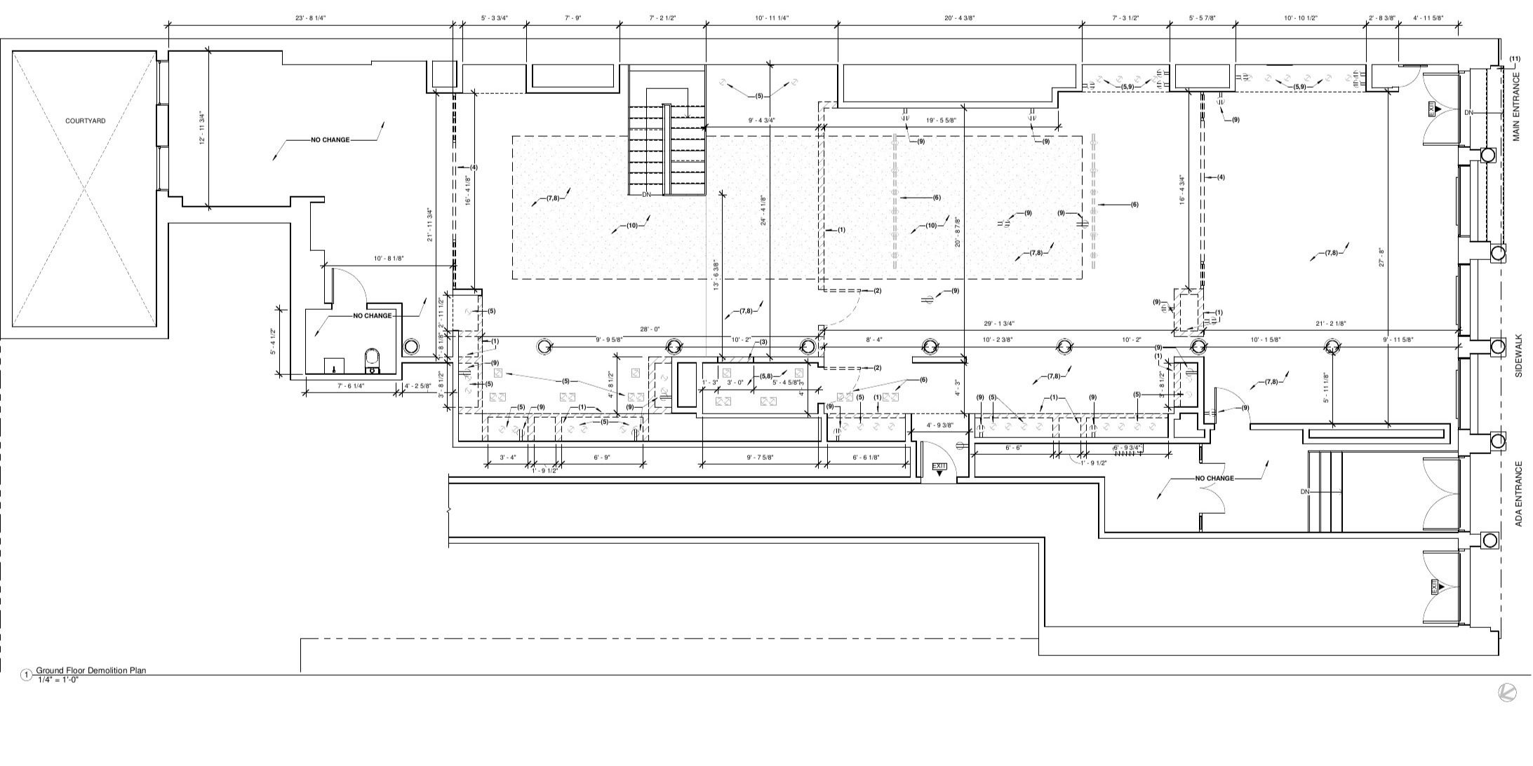 Ground floor demolition plan: existing partitions, glass wal